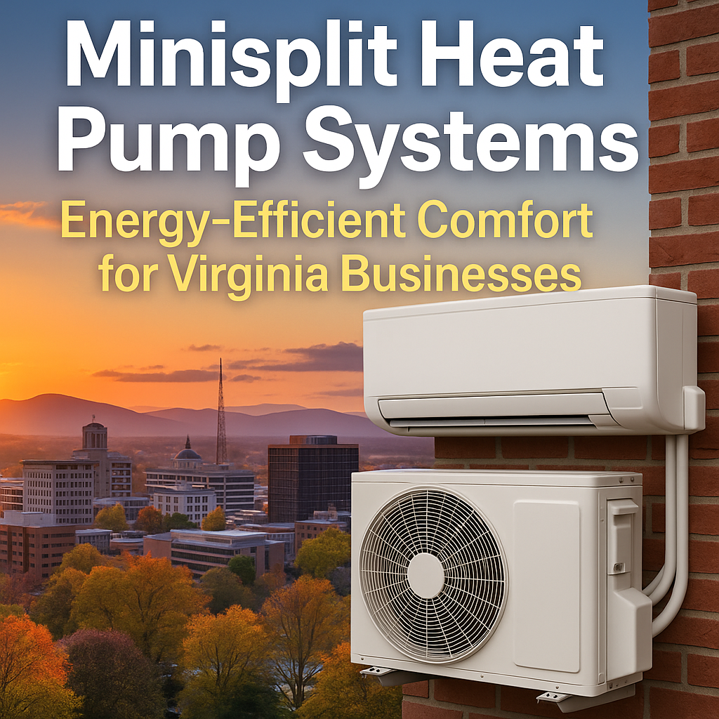 Minisplit heat pump system on brick wall with Virginia cityscape in background at sunset.