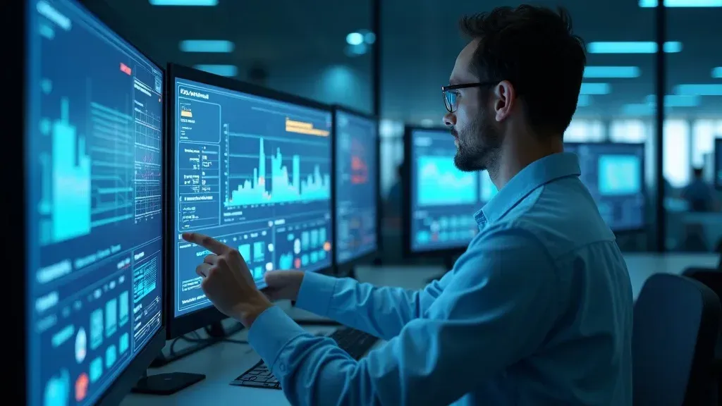 Person analyzing data on multiple glowing monitors in a dark office