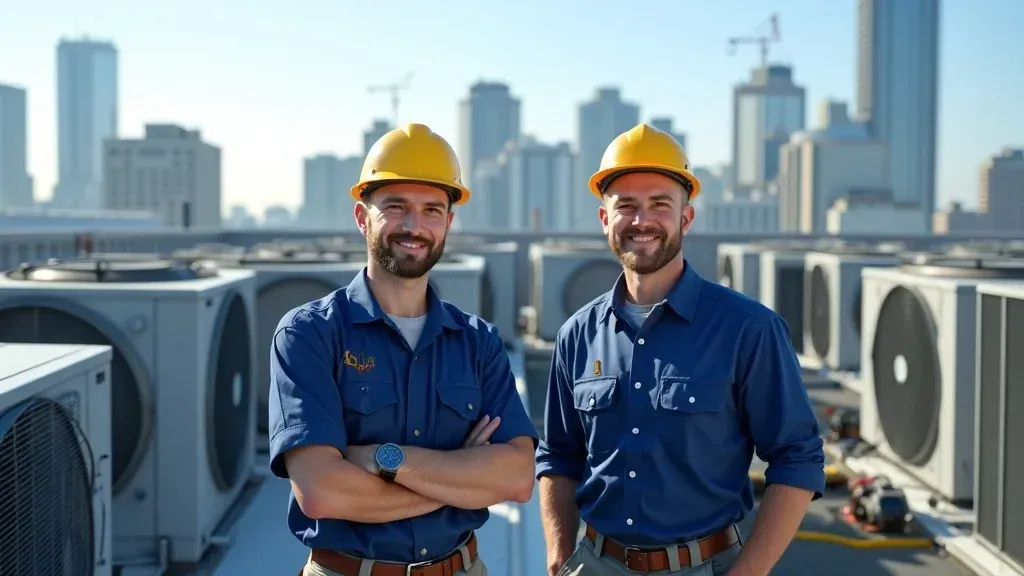 Two workers in hard hats stand on a rooftop with HVAC units and a city skyline behind them.