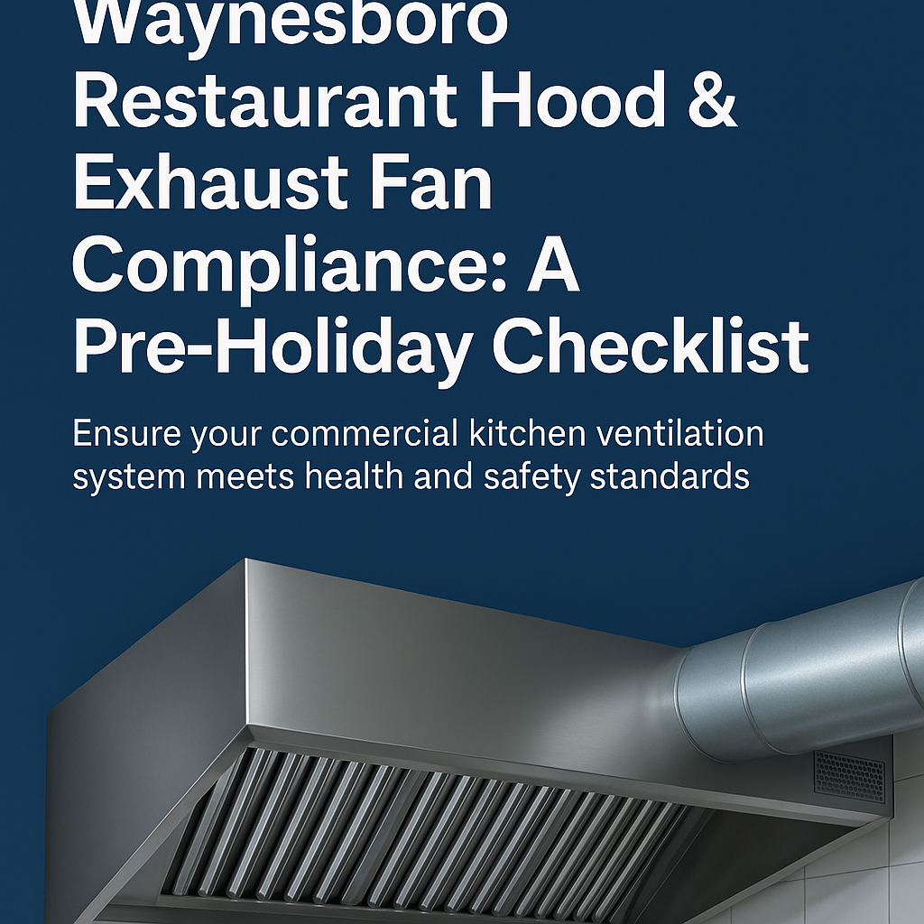 Advertisement for restaurant hood and exhaust fan compliance, checklist for health and safety.