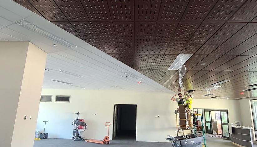 Construction in a building interior with a partial drop ceiling. Workers on a ladder install a dark brown, patterned ceiling while the other half of the ceiling is a white grid.