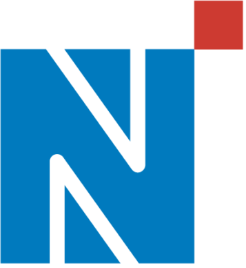 Una lettera N maiuscola blu con un piccolo quadrato rosso che fluttua sopra l'angolo in alto a destra.