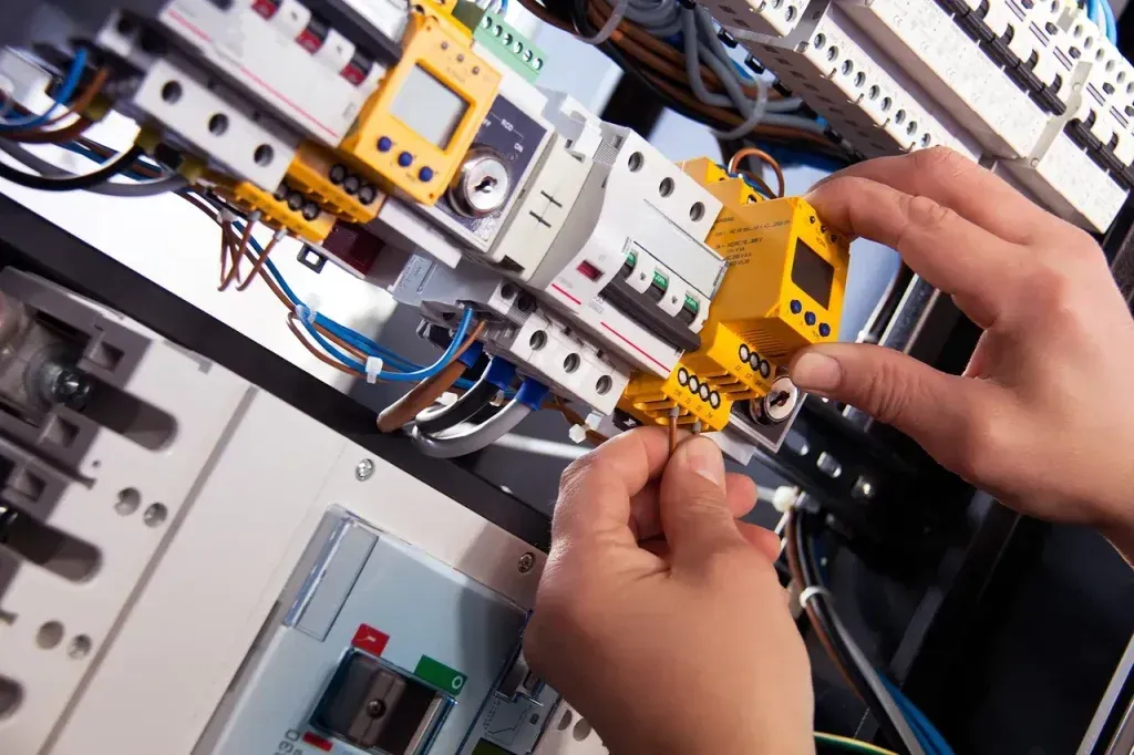 Mani al lavoro su componenti elettrici all'interno di un quadro elettrico.