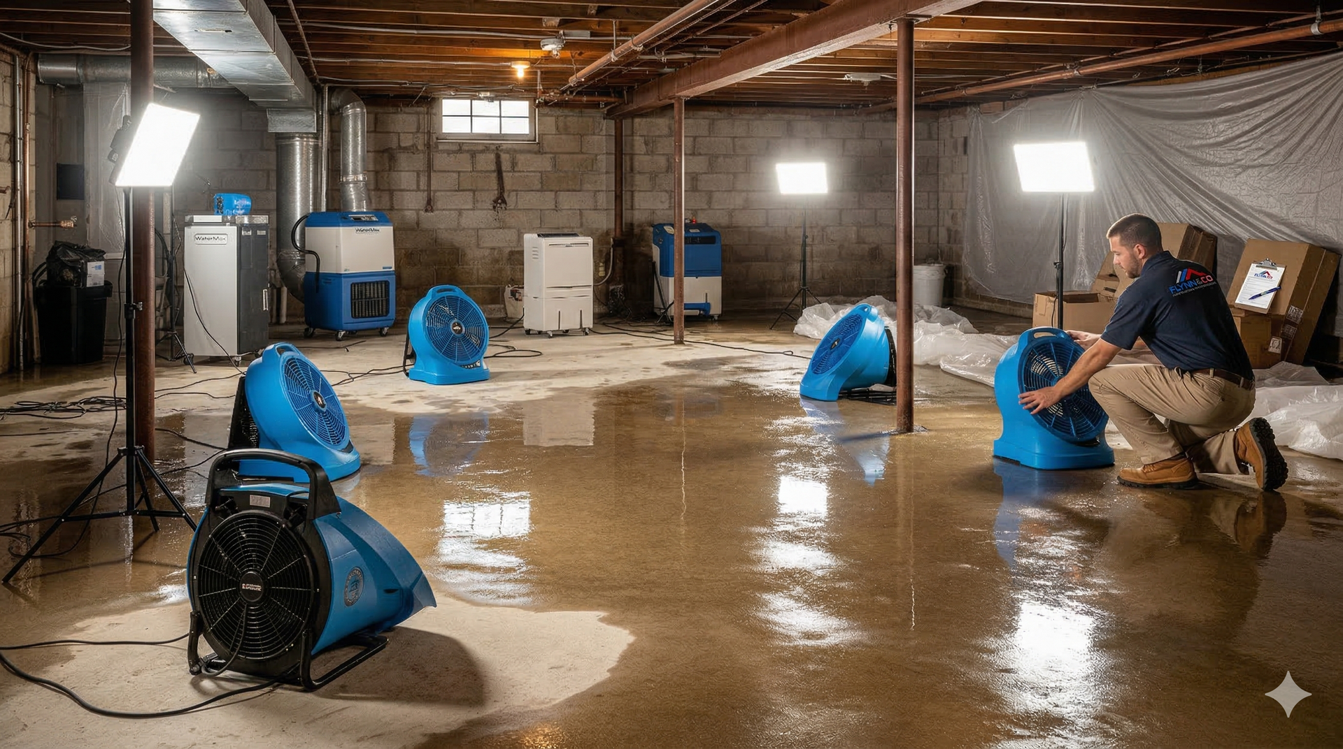 A technician adjusts a blue industrial fan in a basement filled with floodwater, drying equipment, and portable lights.