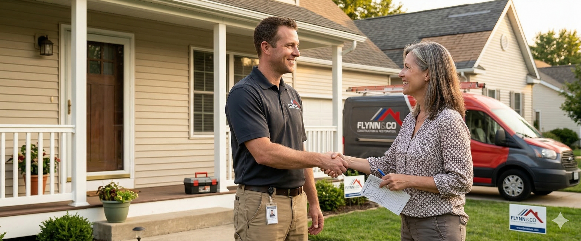 Flynn & Co technician shakes hands with a homeowner outside a suburban house next to a work van.