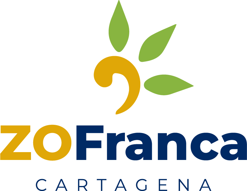 Logotipo de ZoFranca Cartagena en verde, dorado y azul marino, con un diseño de hojas y sol