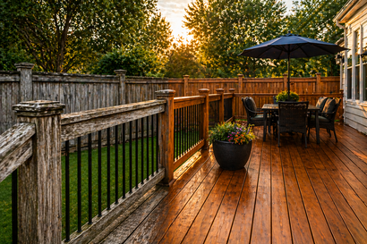 Wet wooden backyard deck with patio table, potted plant, and sunset behind a fence