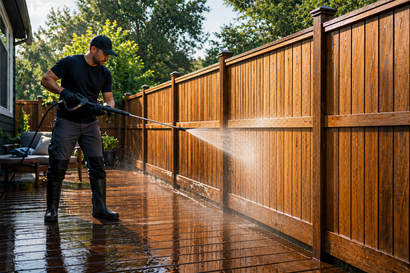 Person power-washing a wooden fence and wet patio in a backyard.