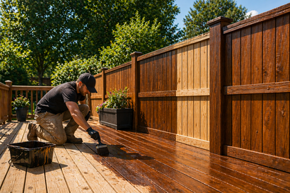 Person staining a wooden fence and deck on a sunny day, with a bucket and brush nearby
