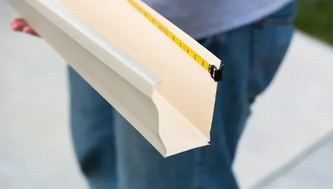 Person holding a beige gutter with a yellow measuring tape, outdoors.