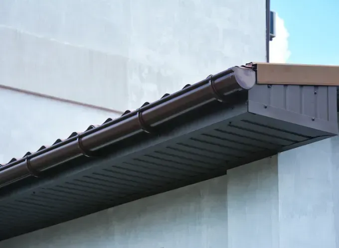 Brown gutters and soffit on the edge of a light-colored building.