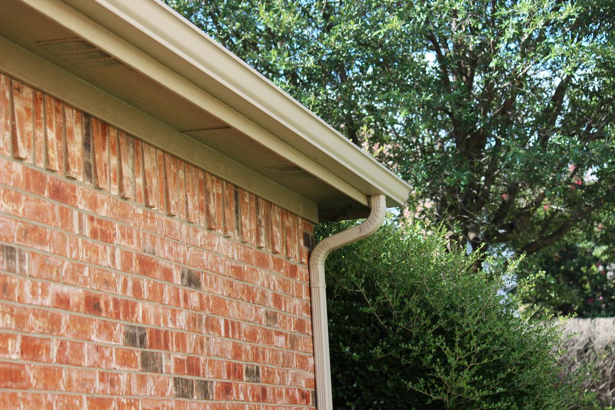Brick exterior wall with tan gutters and downspout, green foliage in the background.