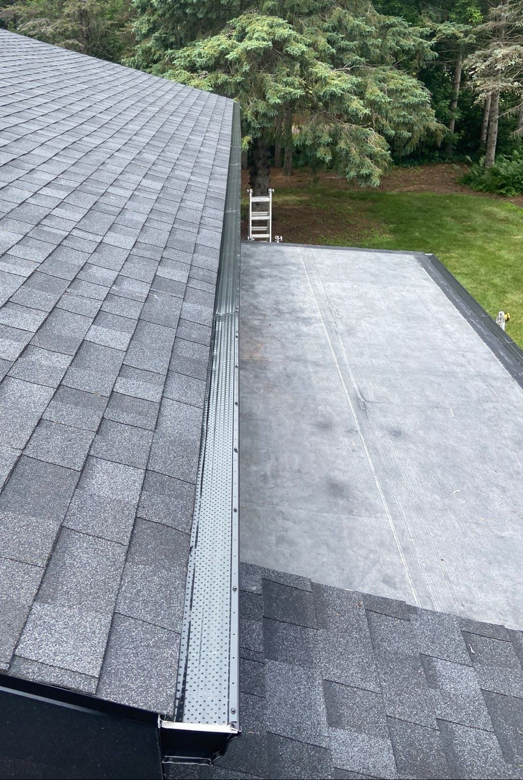 A rooftop with asphalt shingles meeting a flat, black roof. A ladder is visible in the background.