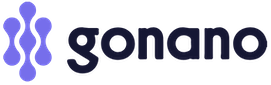 Logo for Gonano, a brand name in dark blue, next to a purple molecule-like design.