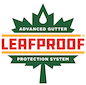 Logo for Leafproof gutter protection system; features green maple leaf with a water droplet. Text is red and gold.