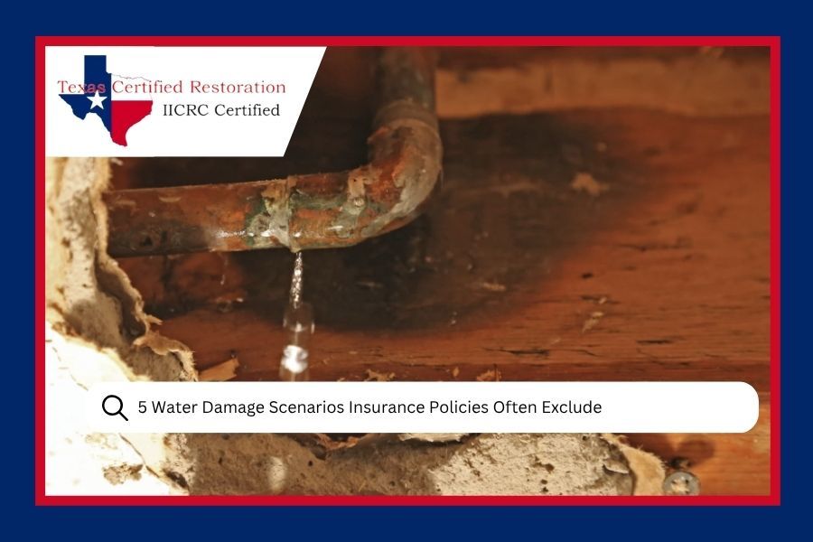 Water leaking from damaged pipe, near Texas Certified Restoration logo. Text: