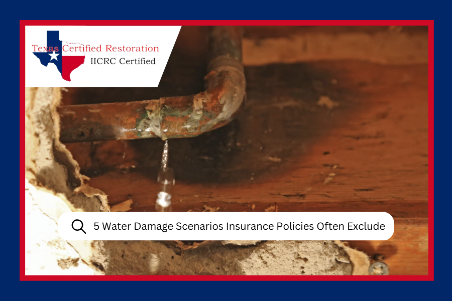 Water leaking from a damaged pipe, advertising water damage restoration services in Texas.