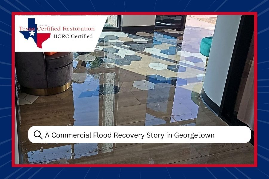 Water-damaged commercial floor, with Texas Certified Restoration logo, text: