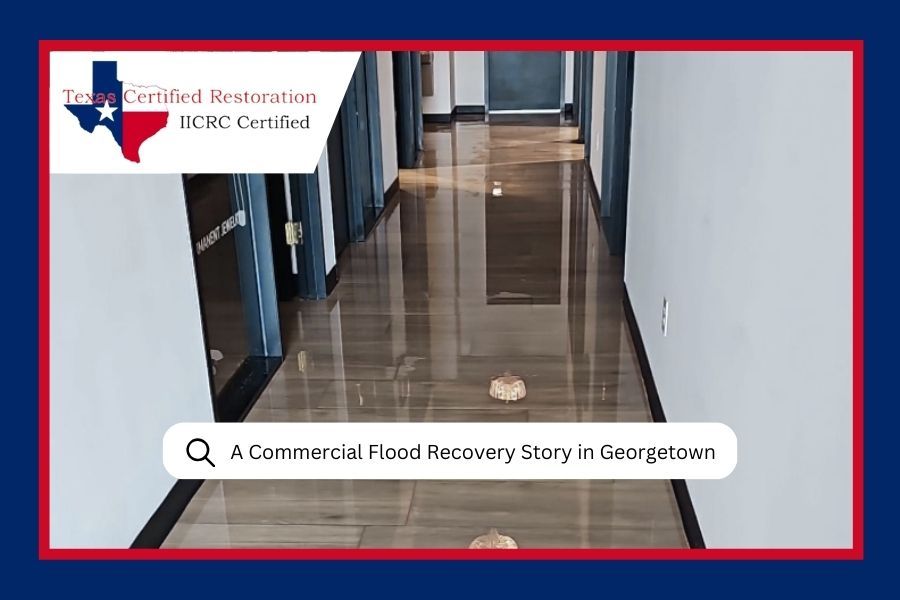 Water-damaged commercial floor, with Texas Certified Restoration logo, text: 