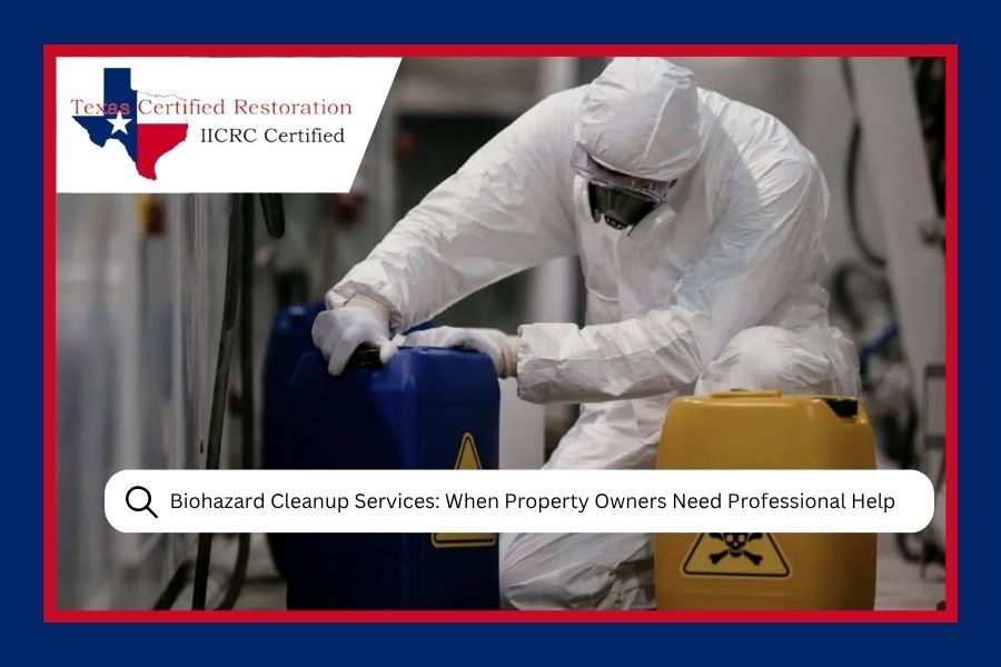 Person in protective suit handling hazardous containers. Biohazard cleanup services.