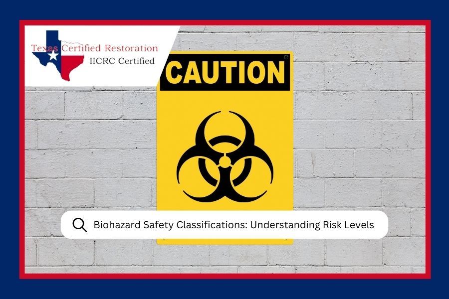 Caution sign with biohazard symbol on a white brick wall, for biohazard safety information.