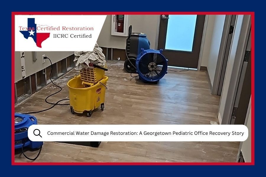 Water damage restoration in a pediatric office hallway with drying equipment.