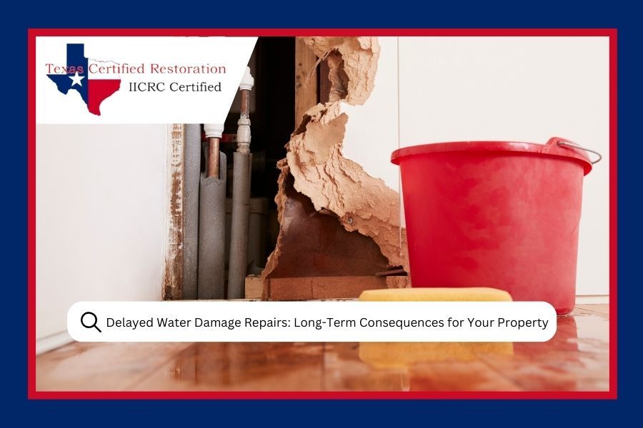 Water damage in a wall with a red bucket. Texas Certified Restoration logo.