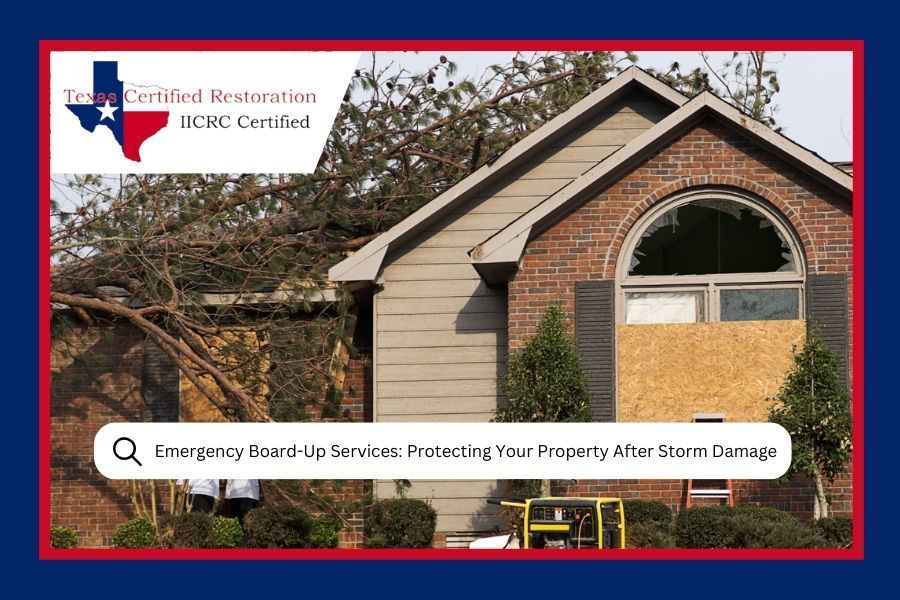 House damaged by a storm, with board-up service advertisement. Texas logo.