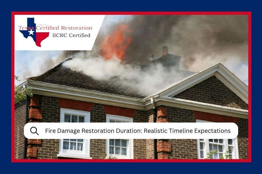 Burning house with smoke; a Texas fire restoration company logo.