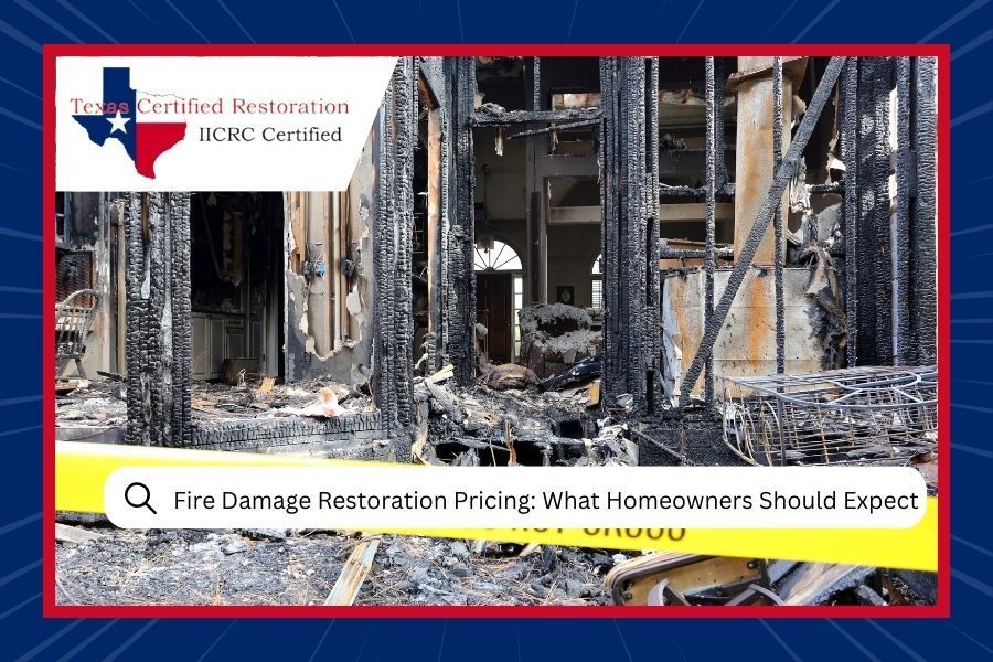 Burnt interior of a house; fire damage. Signage for fire damage restoration.
