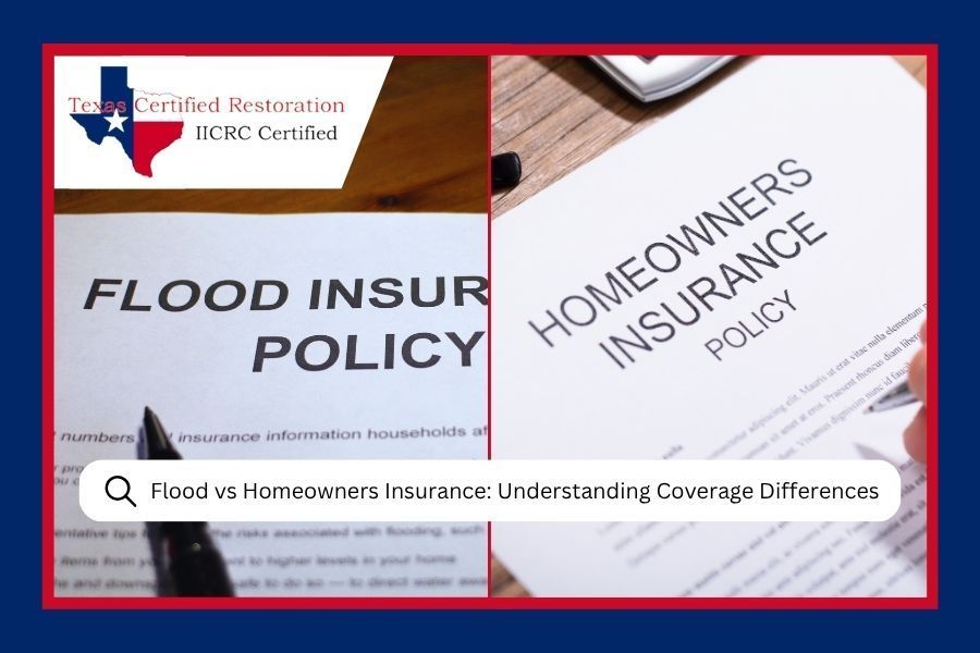 Flood and homeowners insurance policies under a search bar, split-screen graphic with red border