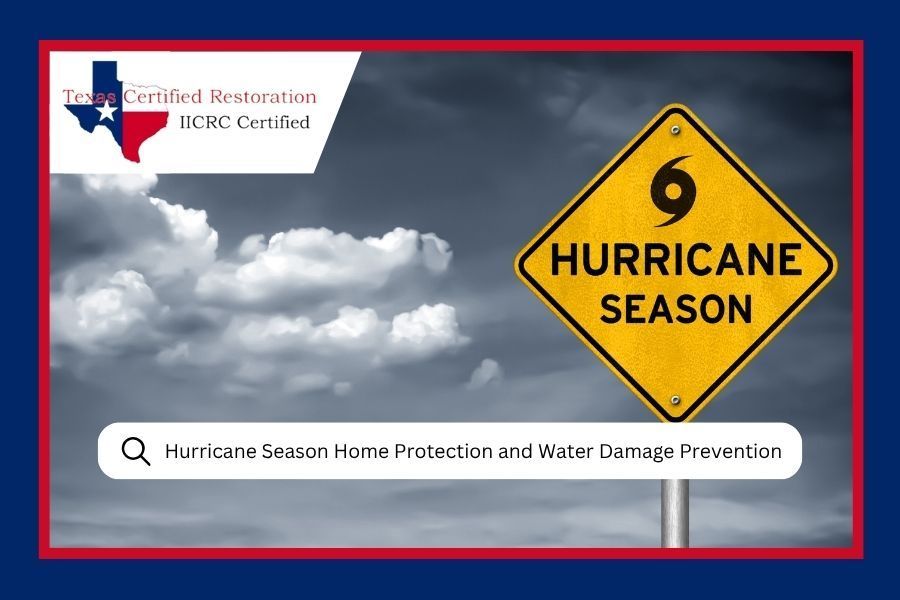 Hurricane warning sign beside a blue sky, with text about hurricane season and water damage prevention.