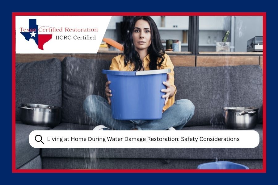 Water leaking from damaged pipe, near Texas Certified Restoration logo. Text: