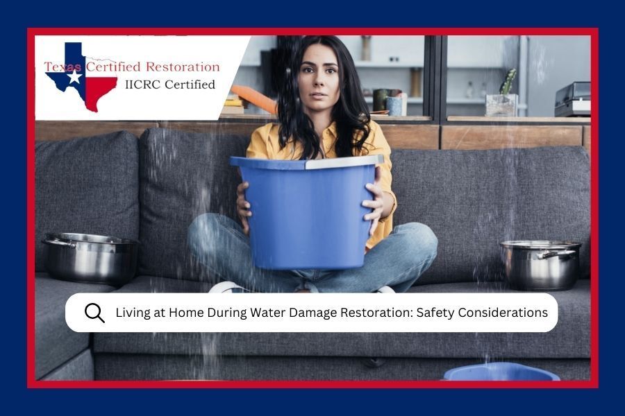 Water leaking from damaged pipe, near Texas Certified Restoration logo. Text: 