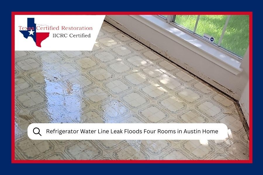 Flooded floor in a home with water damage from a refrigerator water line leak, with Texas logo.