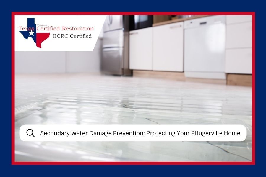 Flood restoration service ad with kitchen floor drying and text about water damage prevention