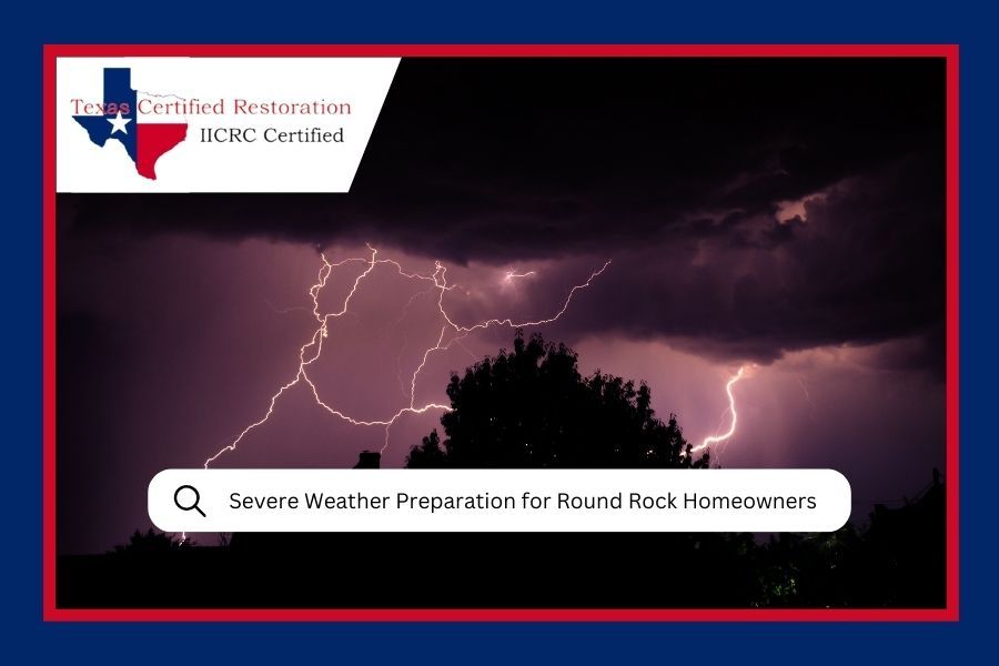 Lightning storm over a dark silhouette of a tree. Advertisement for Texas-based storm restoration.