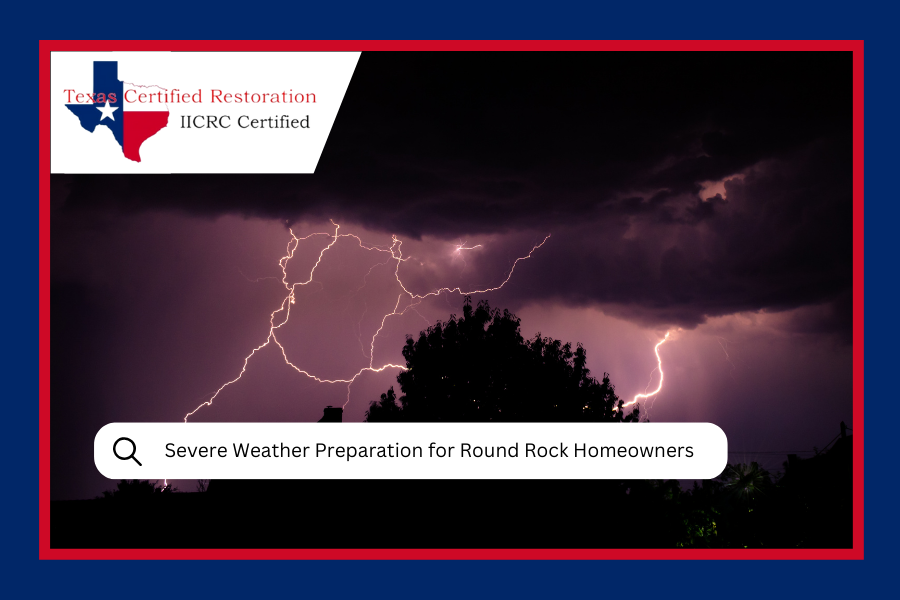 Lightning storm over a dark silhouette of a tree. Advertisement for Texas-based storm restoration.