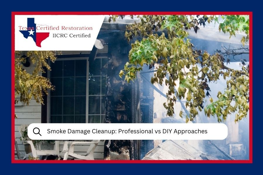 House with fire damage, smoke, and professional cleanup ad. Texas logo.