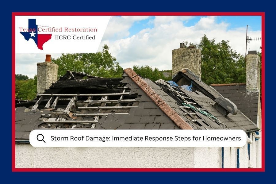 A badly damaged roof on a house with a logo in the corner and a search bar text about storm damage repair.