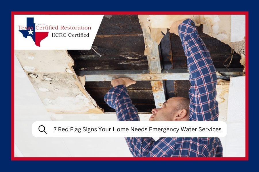 A person inspects a damaged, dark ceiling with exposed beams. The Texas Certified Restoration logo and title text are visible.