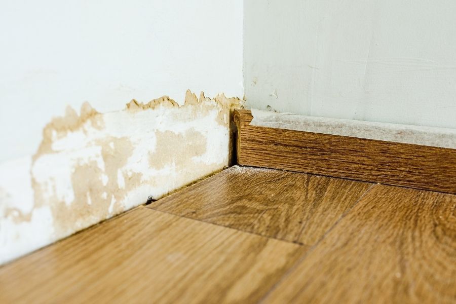Water damage visible behind walls and baseboards