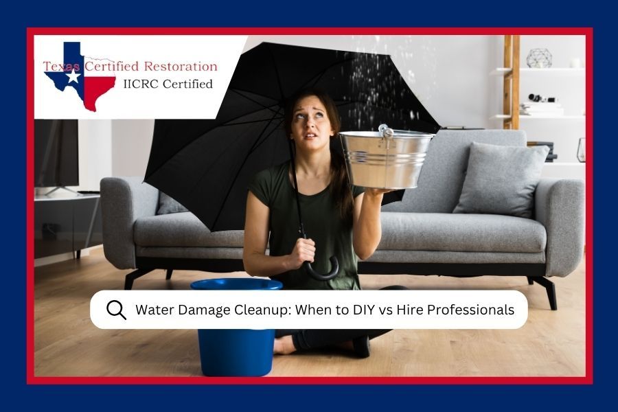 A person holds an umbrella and bucket indoors to catch water leaking from the ceiling under a Texas Certified Restoration logo.