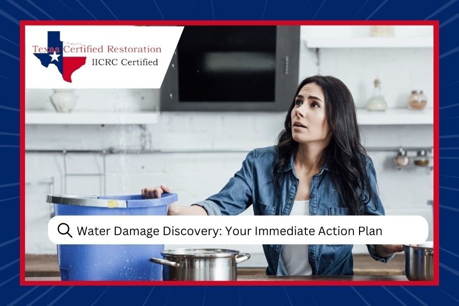 Woman in kitchen reacting to water damage, holding bucket. 