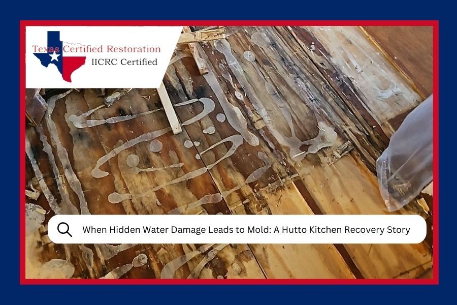 Water-damaged kitchen floor with text 