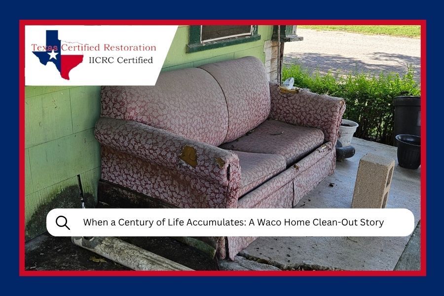 A dirty, worn sofa on a porch with debris, suggesting a home clean-out. Logo for certified restoration.
