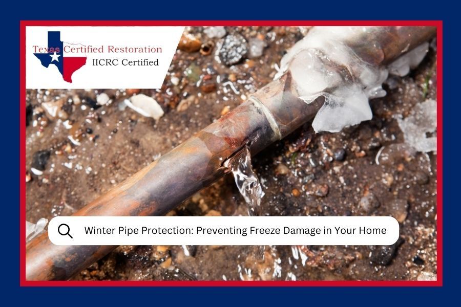 Frozen pipe with ice and water, text overlay