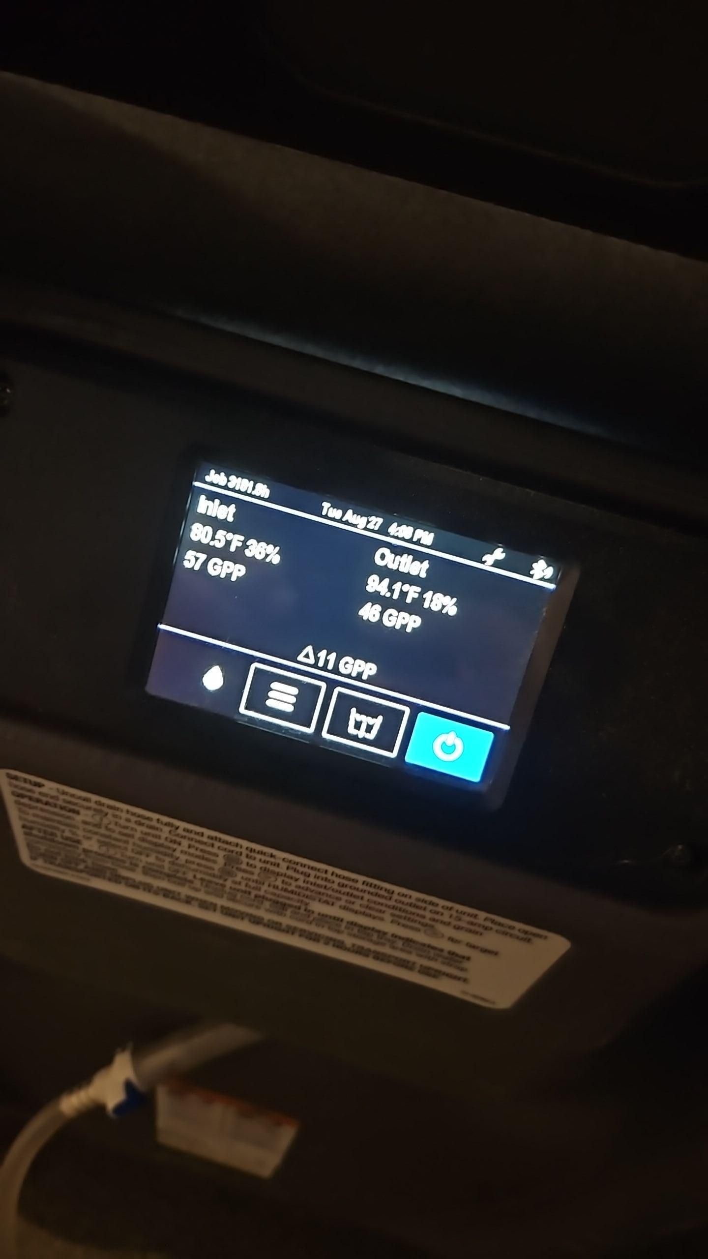 Dehumidifier display showing moisture extraction progress