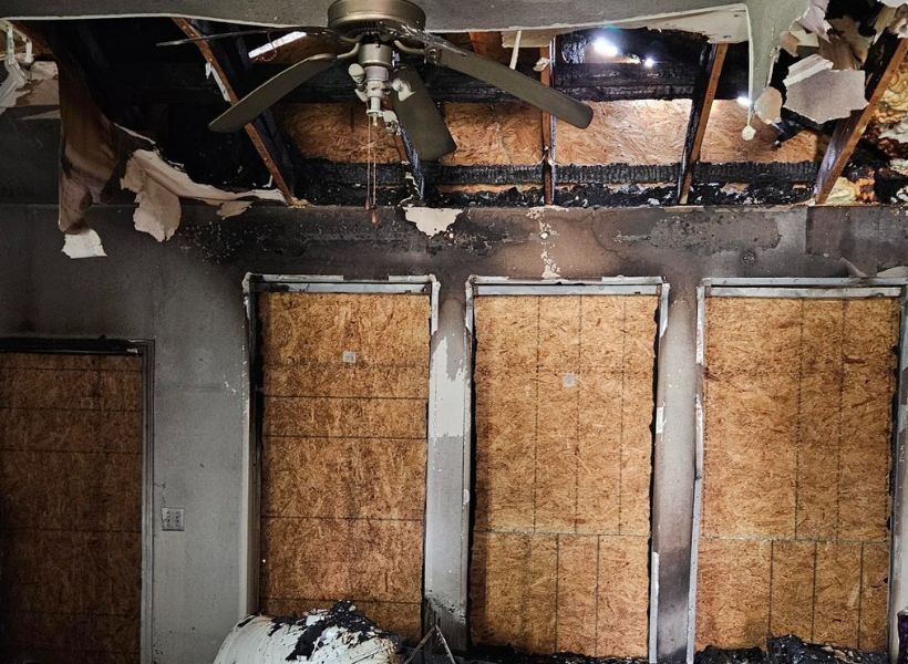 fire-damaged living room ceiling