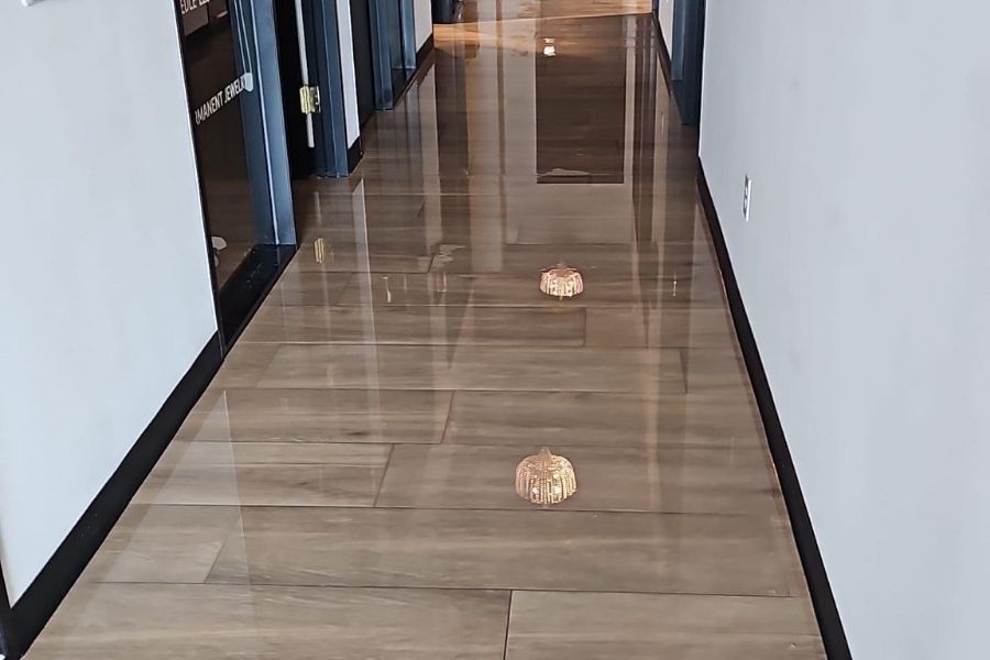 Interior of a flooded home with standing water